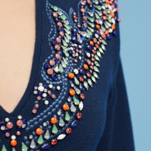 Anthropologie Moth Embellished Jewel Sweater Blue petite small - Picture 5 of 12